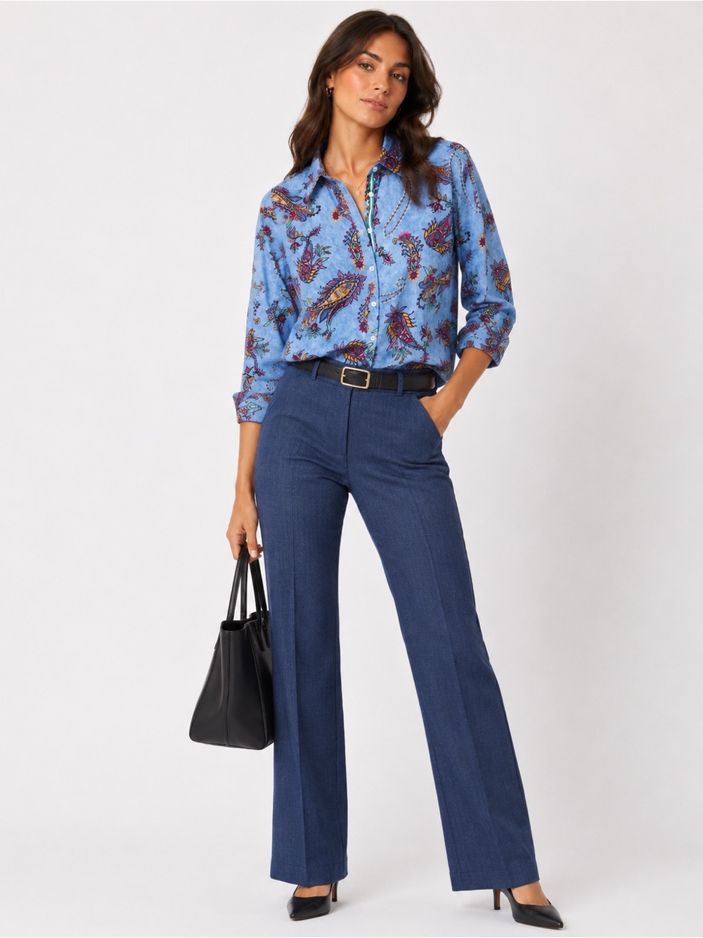 Talbots Paisley Button Down Shirt XS Blue Floral Career Blouse Boho Top